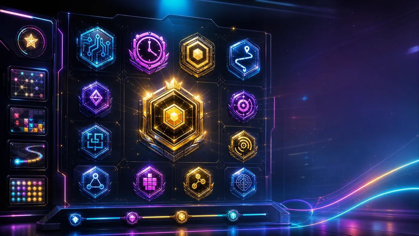 A browser game achievement wall with clear panels and readable progress markers.