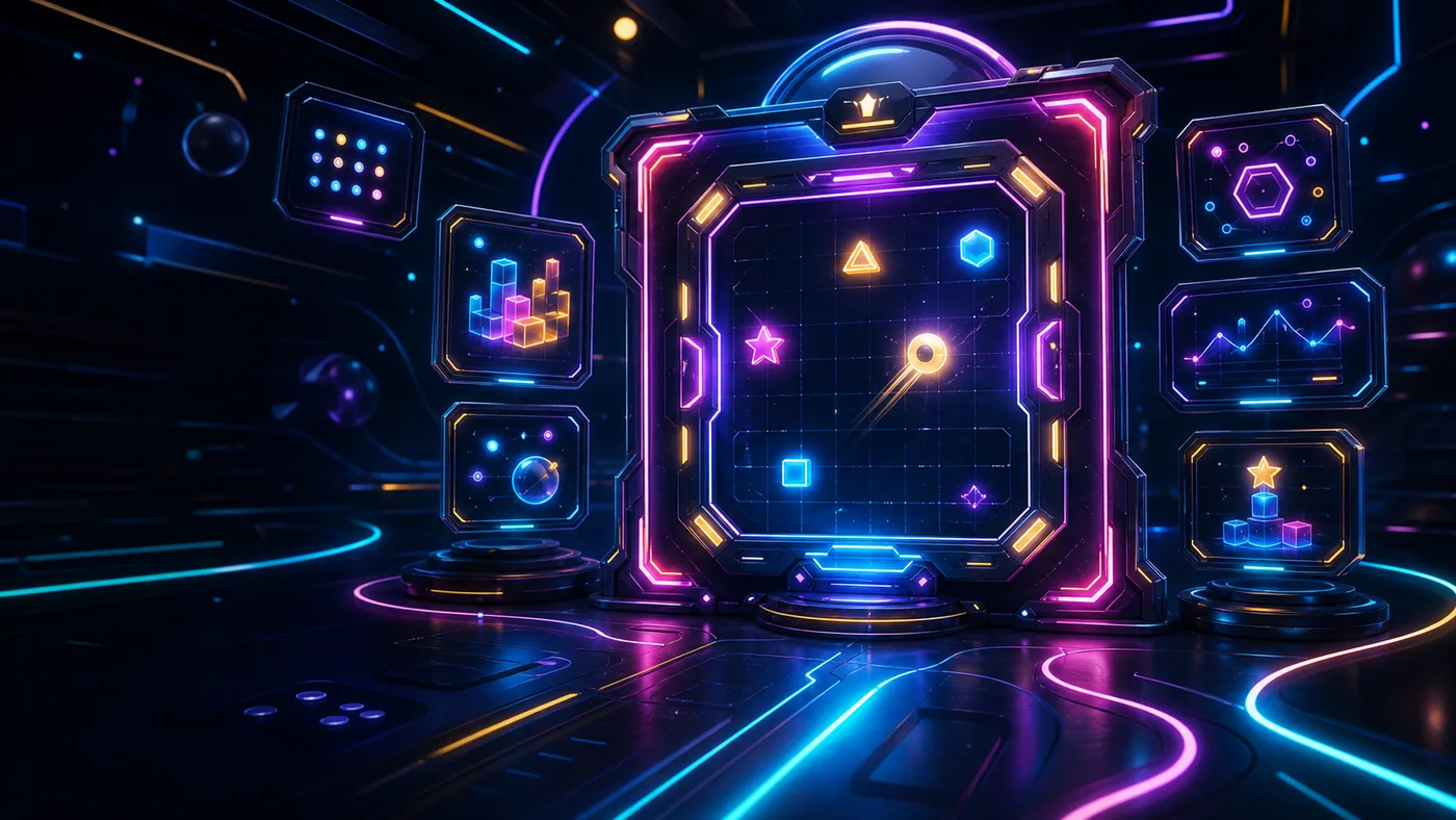 A neon arcade daily challenge board with compact game panels.